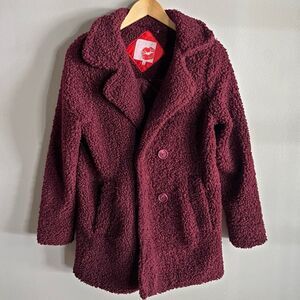 Hot Kiss Burgundy Teddy Coat Faux Sherpa Jacket Cozy Double Breasted S